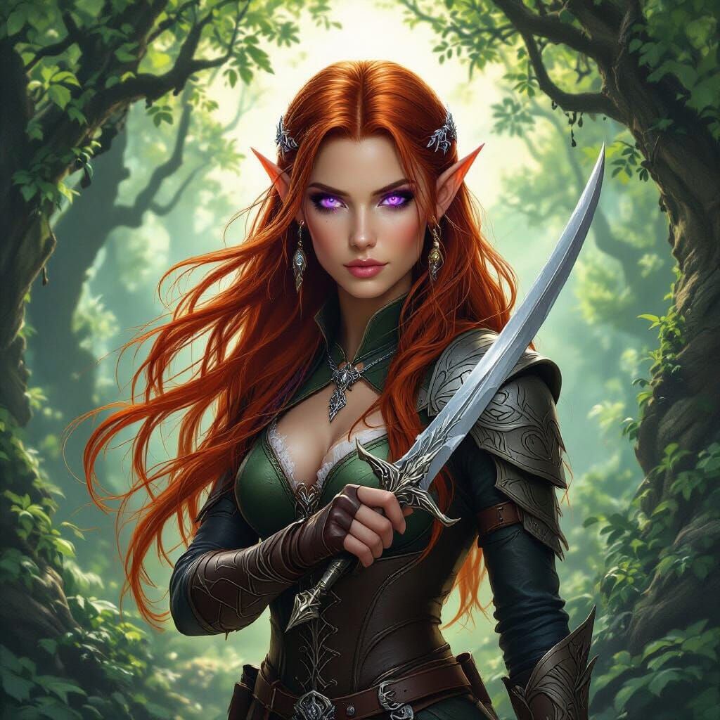 Forest Elf Warrior with Red Hair and Silver Dagger