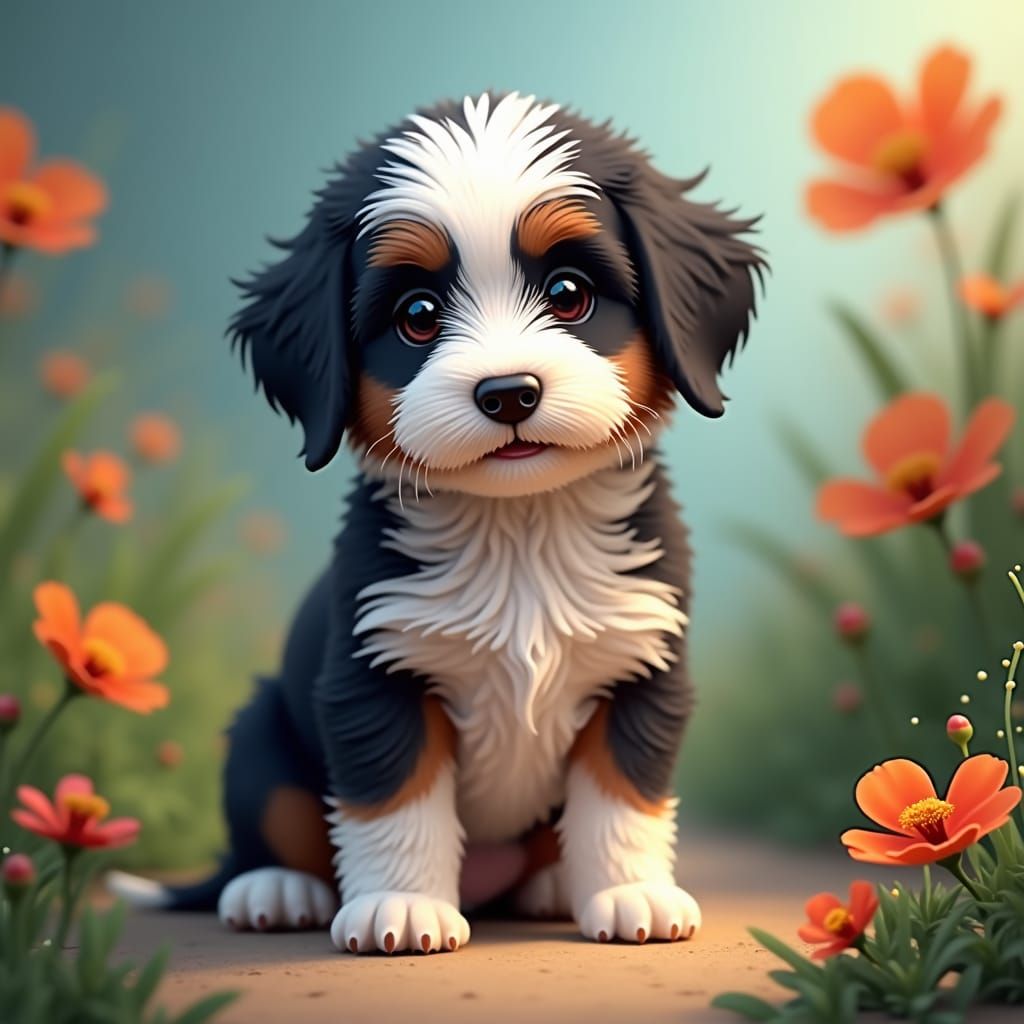 Playful Mini Bernedoodle Puppy in Dreamlike Garden
