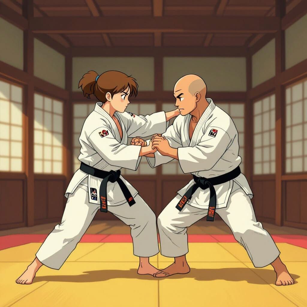 Female Judoka Pins Opponent: Miyazaki, Mead, and Loish Style