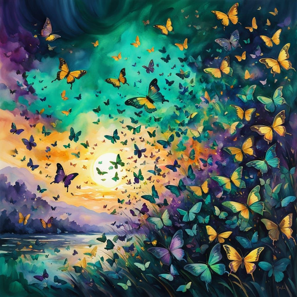 Butterflies at Sunset in Vibrant Watercolor Style