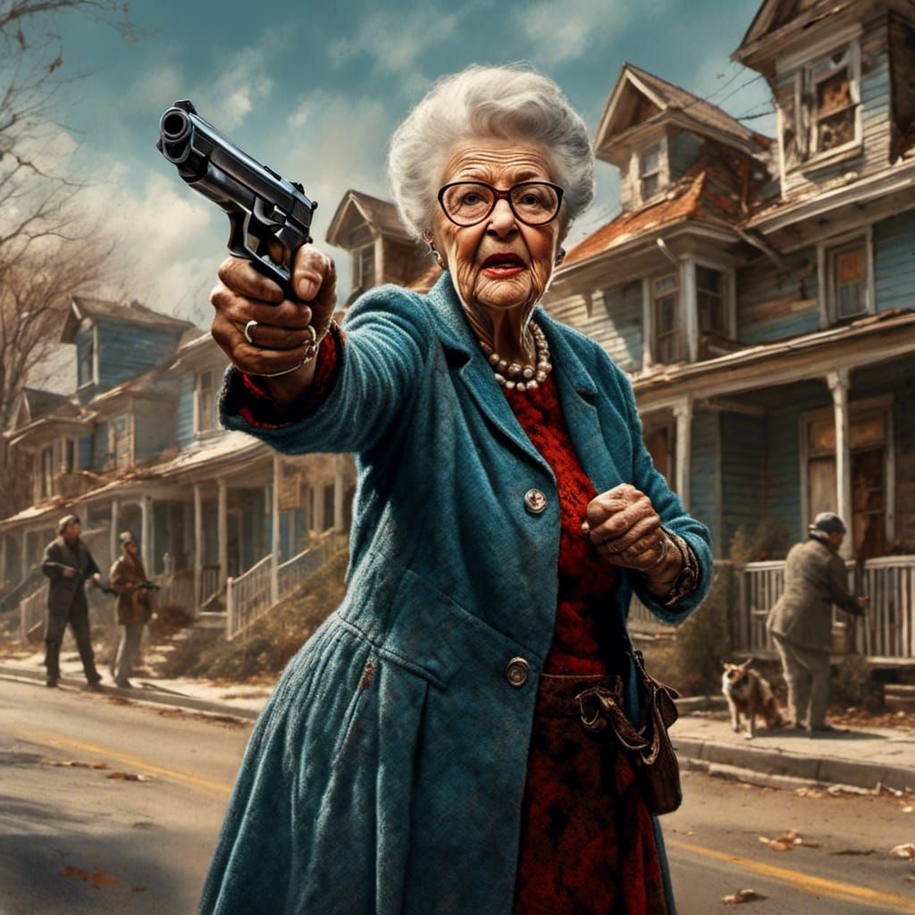Angry Woman with Gun in Rockwell Style