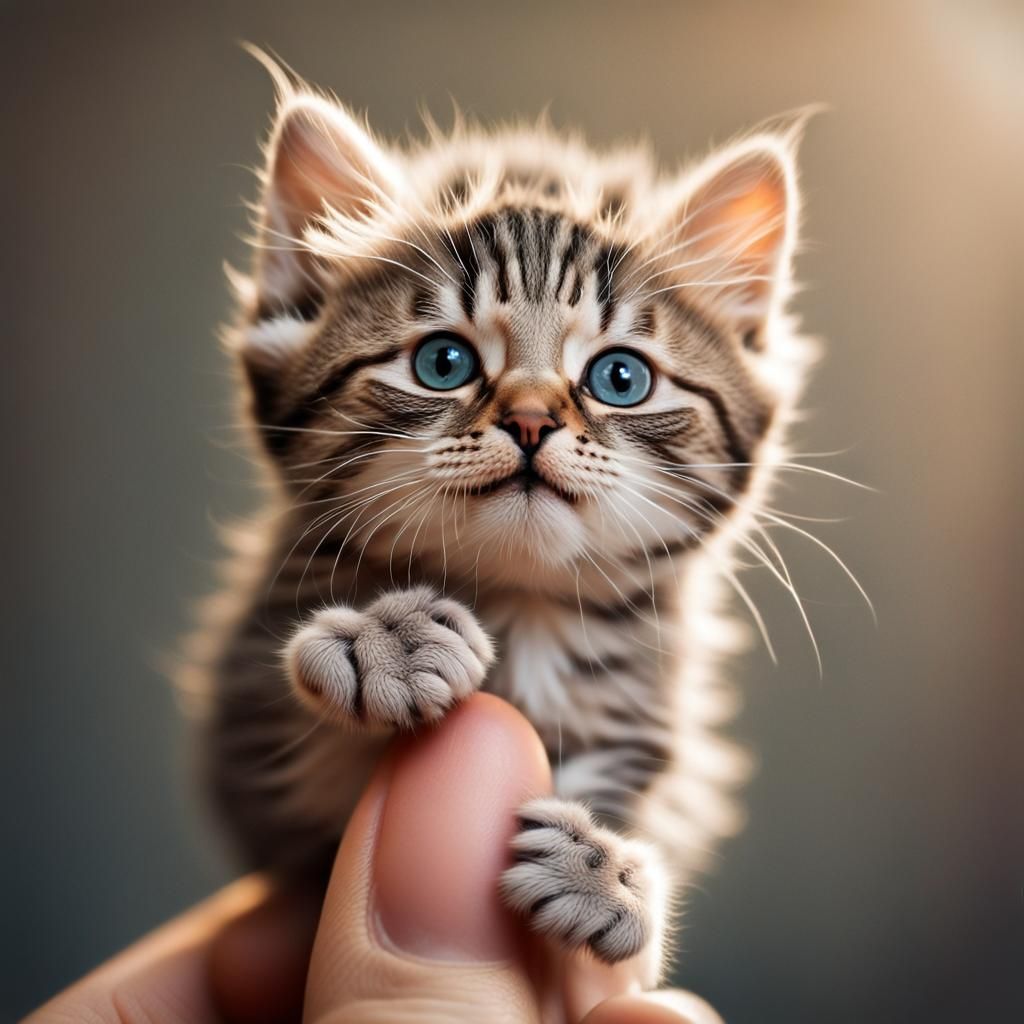 Tiny Kitten Balancing on Finger in Macrophotography Style