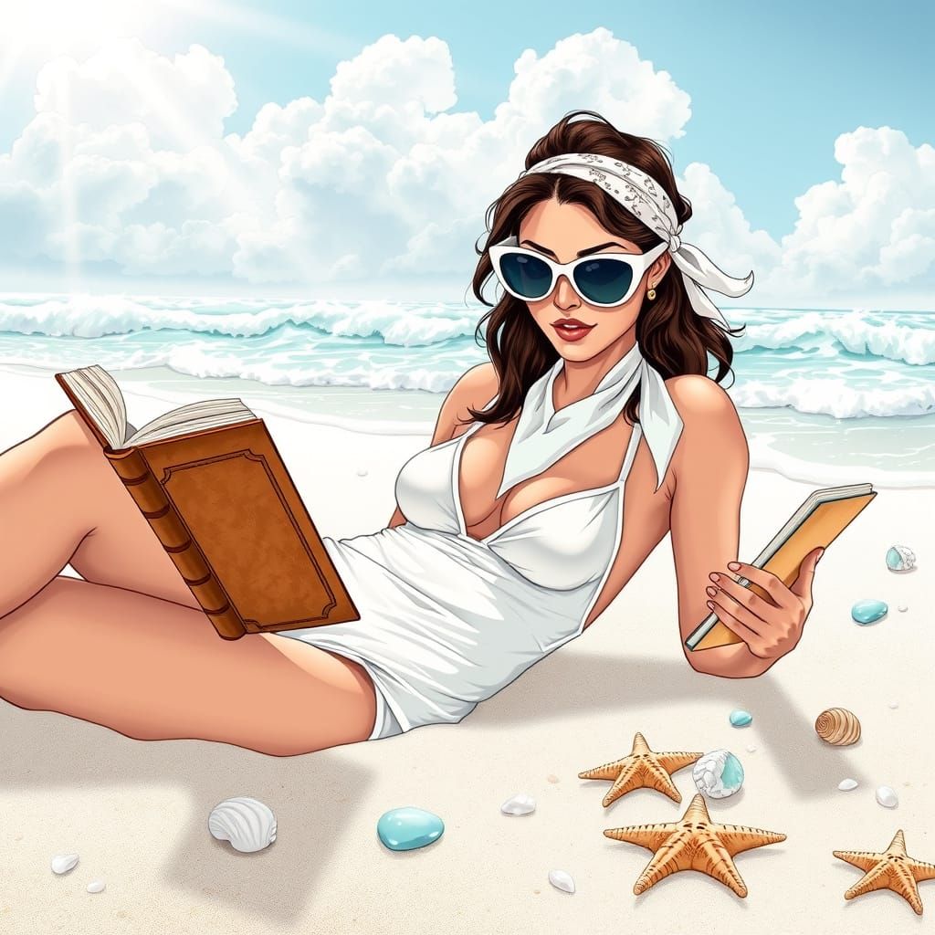 Vintage Woman Reading on White Sand Beach