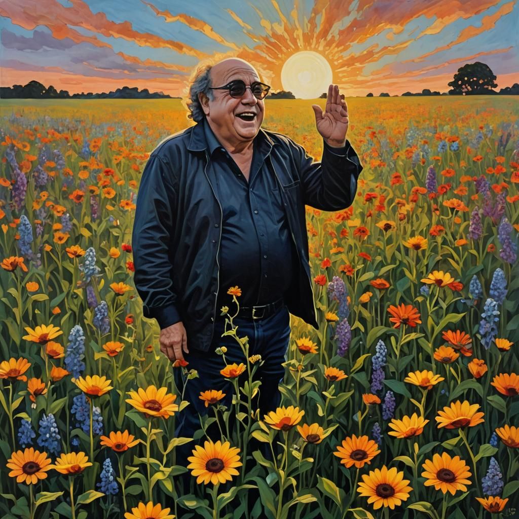 Silhouette in Flower Field at Sunset: Mixed Media Art