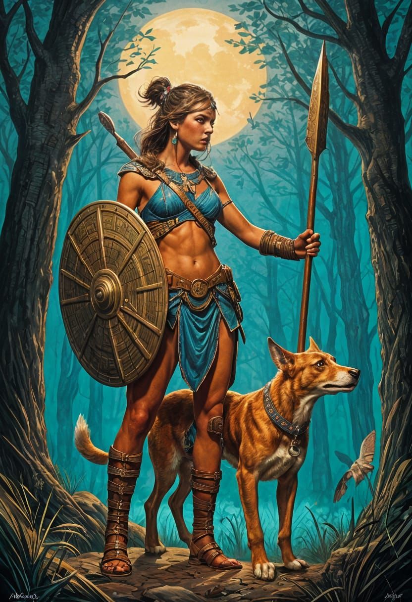 Tribal Warrior with Hound in Sfumato Style