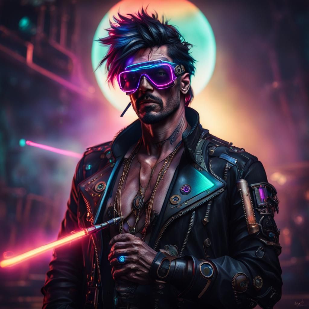 Gay Space Pirate with Steampunk Engine in Neofuturistic Styl...