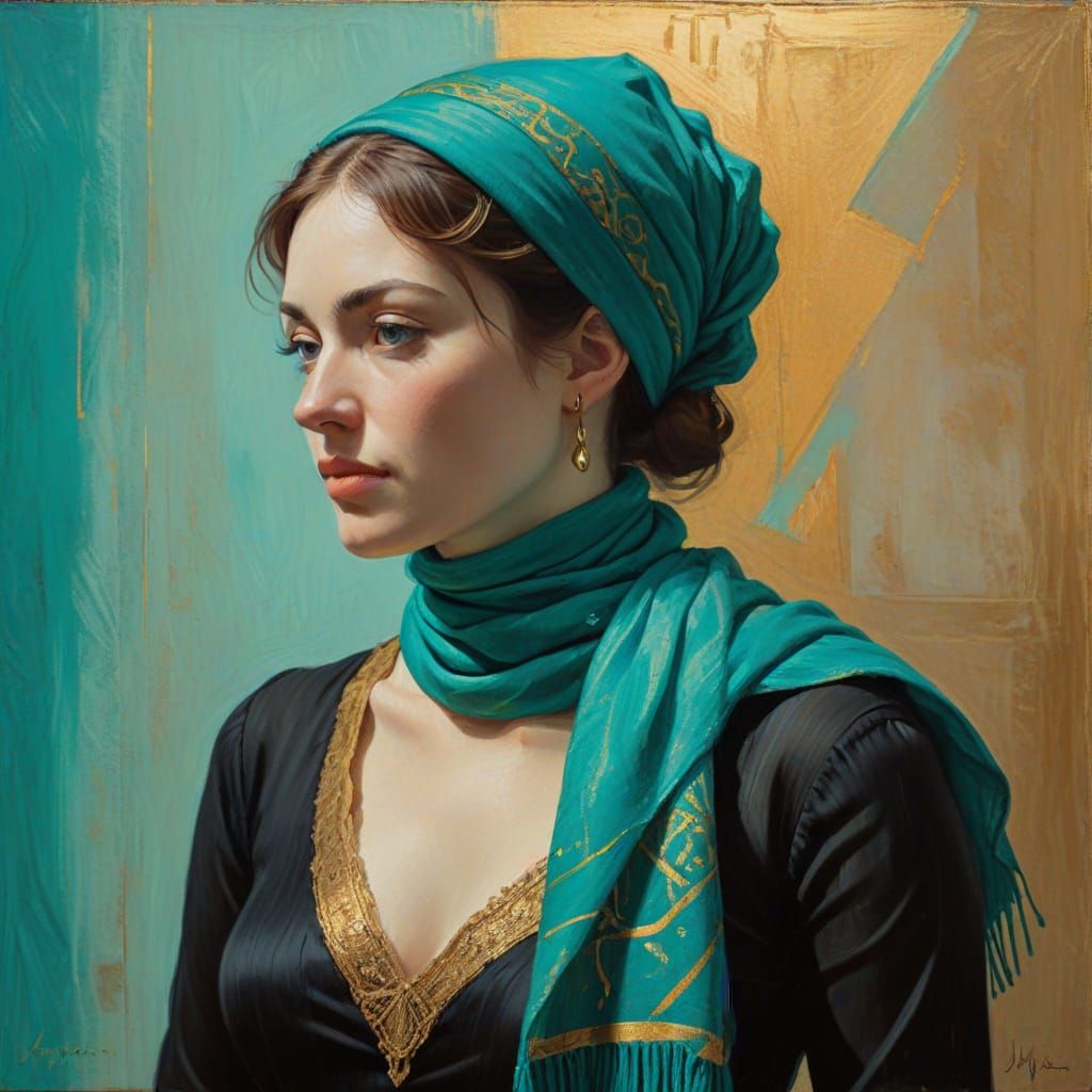 Woman with Turquoise Scarf in Toulouse Lautrec Style