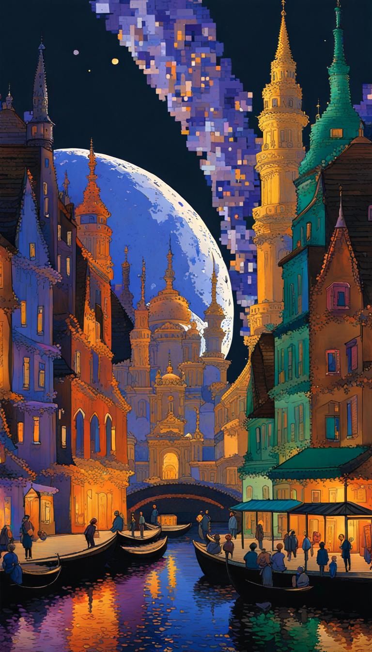 Mechanical Woman Worshipped Under Pastel Moon, Klimt Style