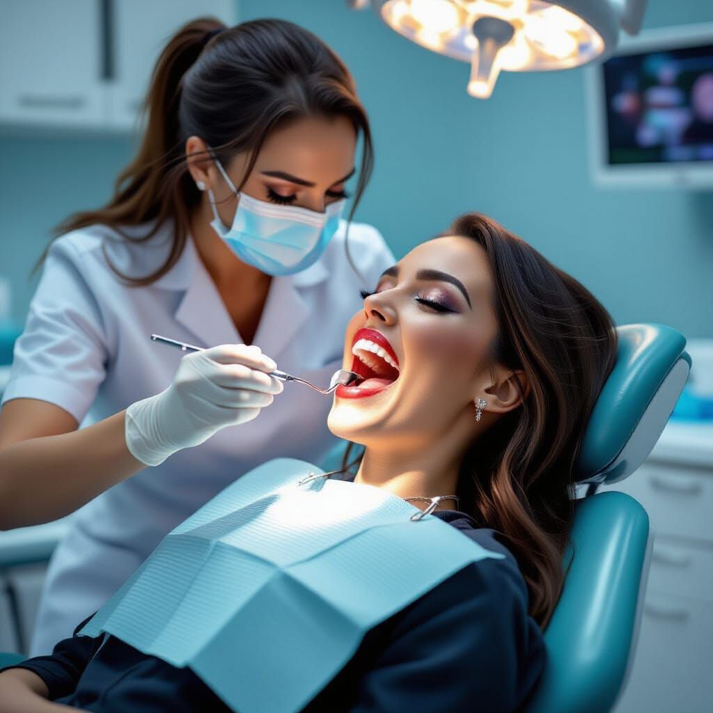 Vampire Tooth Extraction in Dental Suite, Hyperrealistic Art