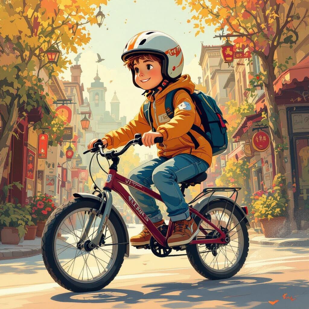 Boy on Bicycle in Whimsical Style