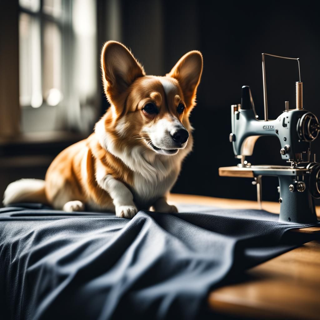 Hyperrealistic Corgi Sewing T-Shirts in High Definition