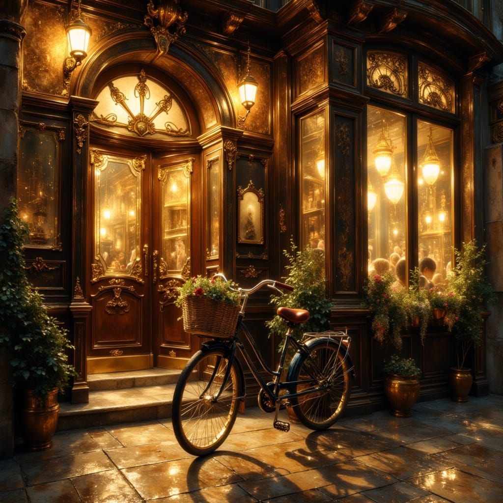 Vintage Bicycle at Golden Hour Outside Elegant Hotel