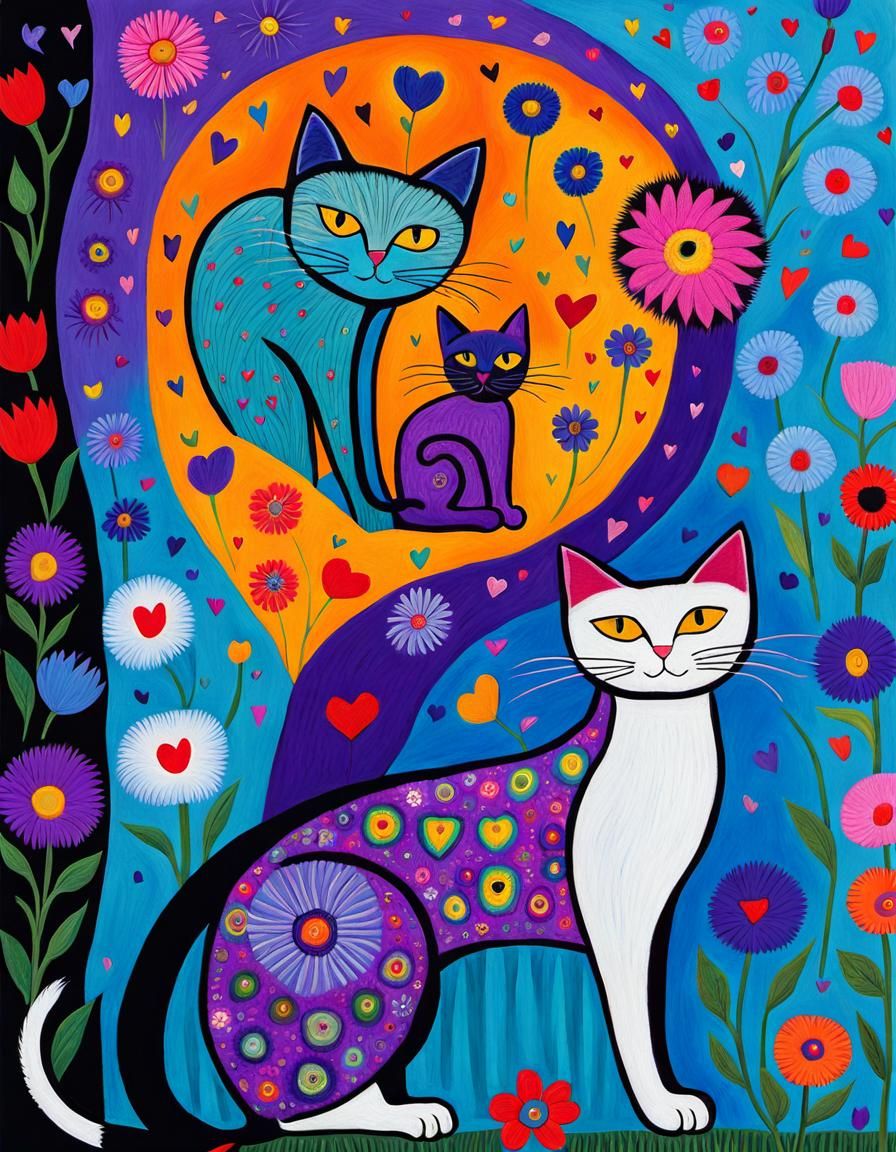 Psychedelic Cats in Rows with Flowers, Art Brut Style