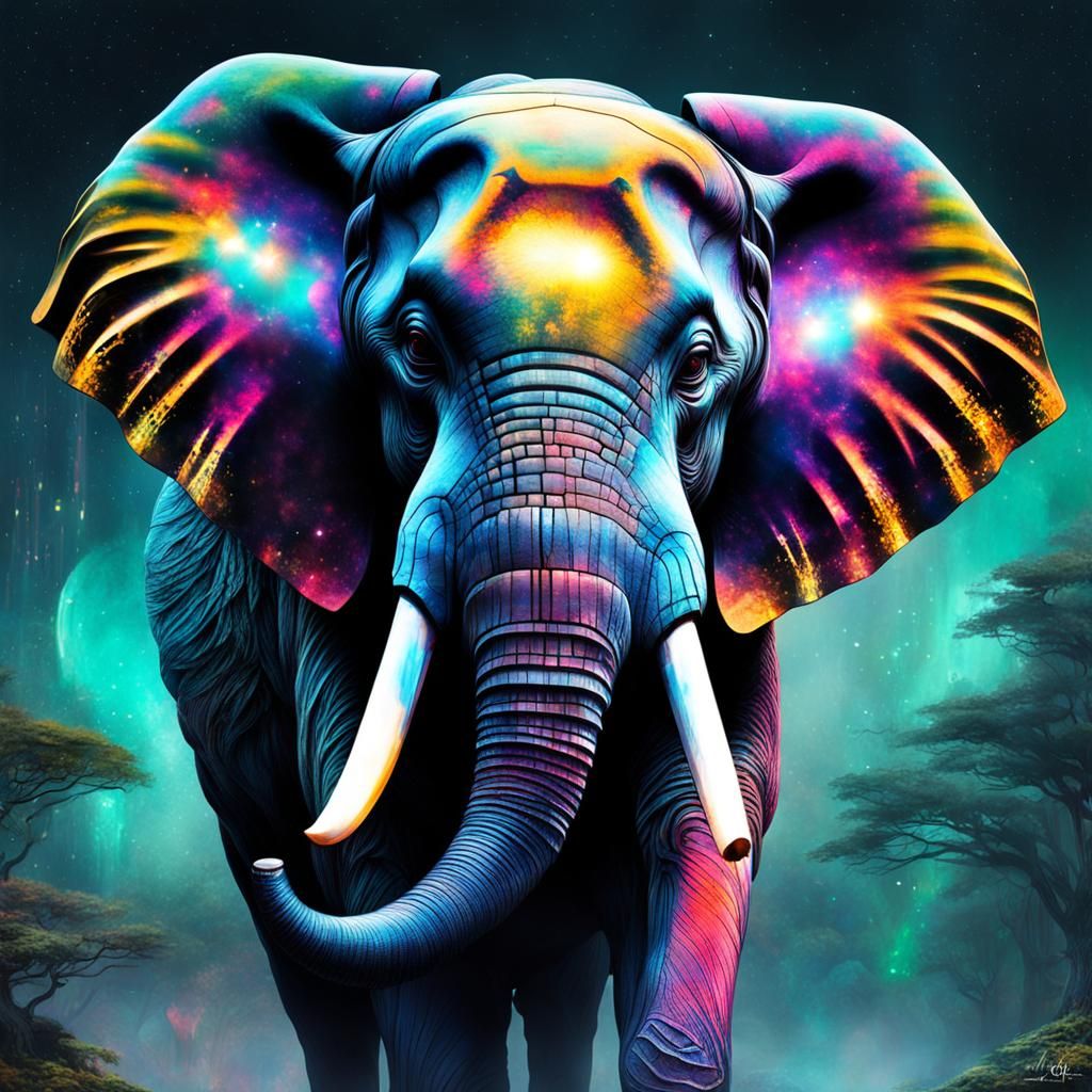 Bioluminescent Glass Elephant Double Exposure: A Digital Mas...