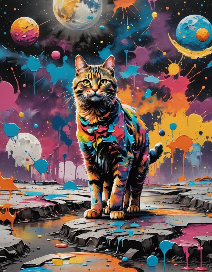 Cat Walking on Moon in Graffiti Art Style