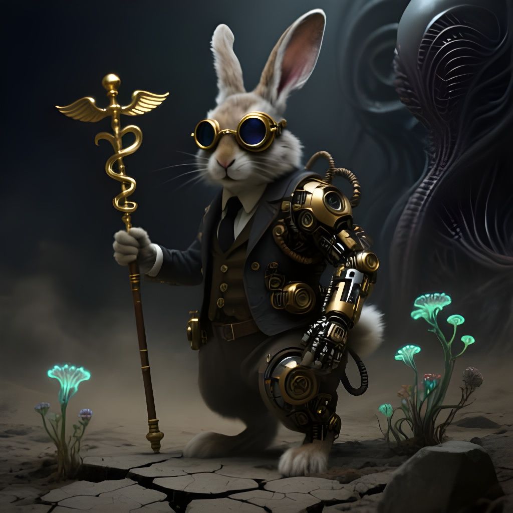 Steampunk Rabbit With Biomechanical Implants in Dark Surreal...