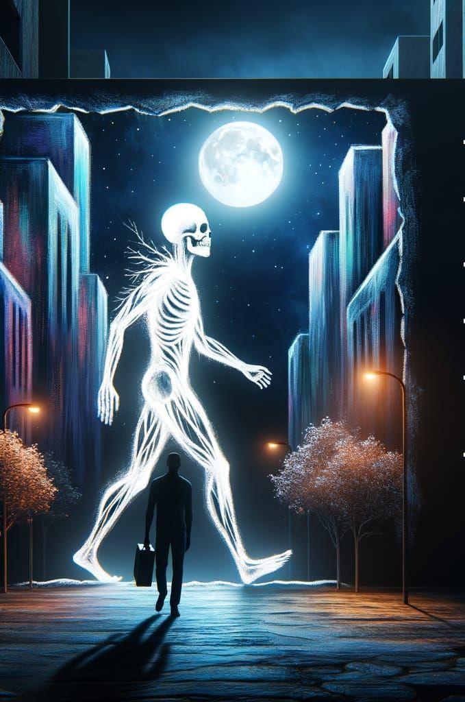 Skeleton Figure's Night Journey Through Dimly Lit Streets
