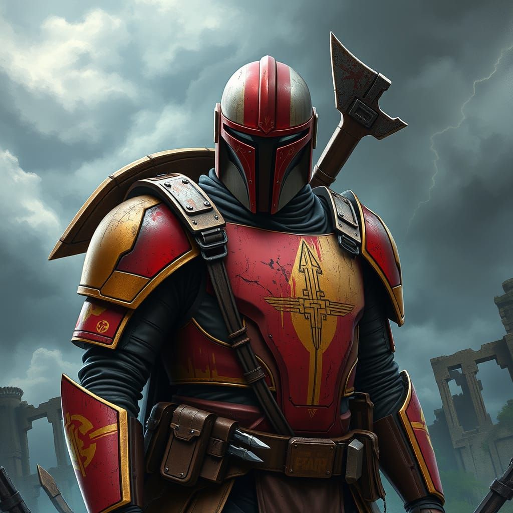 Cyberpunk Warrior Emerges from Forgotten Mandalorian Ruins