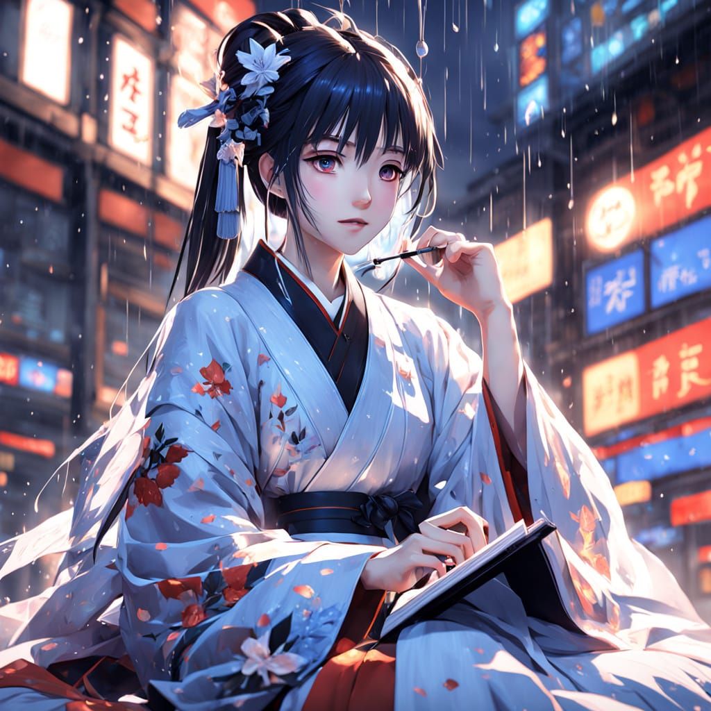 Anime Girl in Rain Writing in Glowing Book, 3D Art
