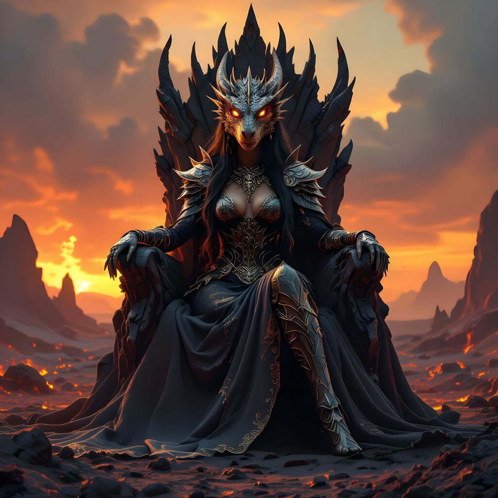 Dragon Queen on Volcanic Throne in Hyperdetailed Art