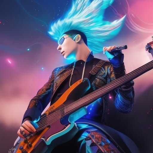 Blue-Haired Man with Electric Guitar in Steampunk Anime Styl...