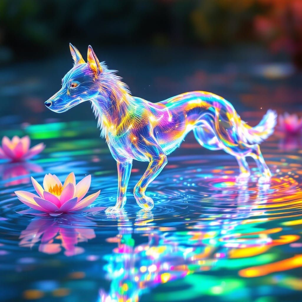 Water Canine Wades Across Radiant, Iridescent Pond