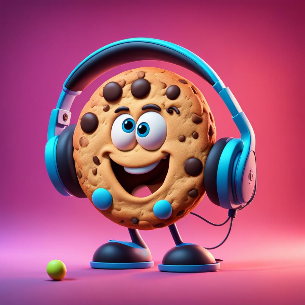 Cookie with Headphones at Computer, 3D Digital Art