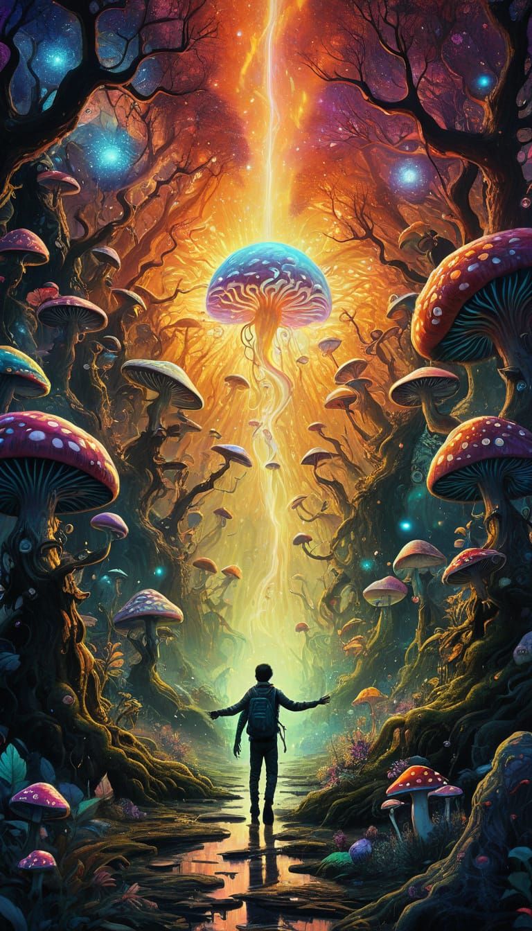 Ethereal Cosmic Surrealism: Vibrant Psychedelic Scene