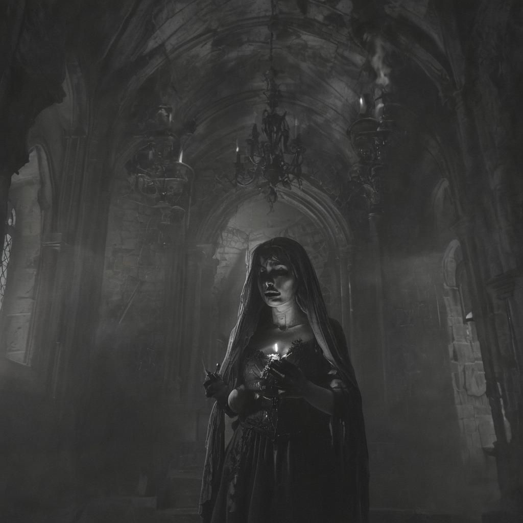 Demonic Woman in Abandoned Church: Gothic Dark Fantasy