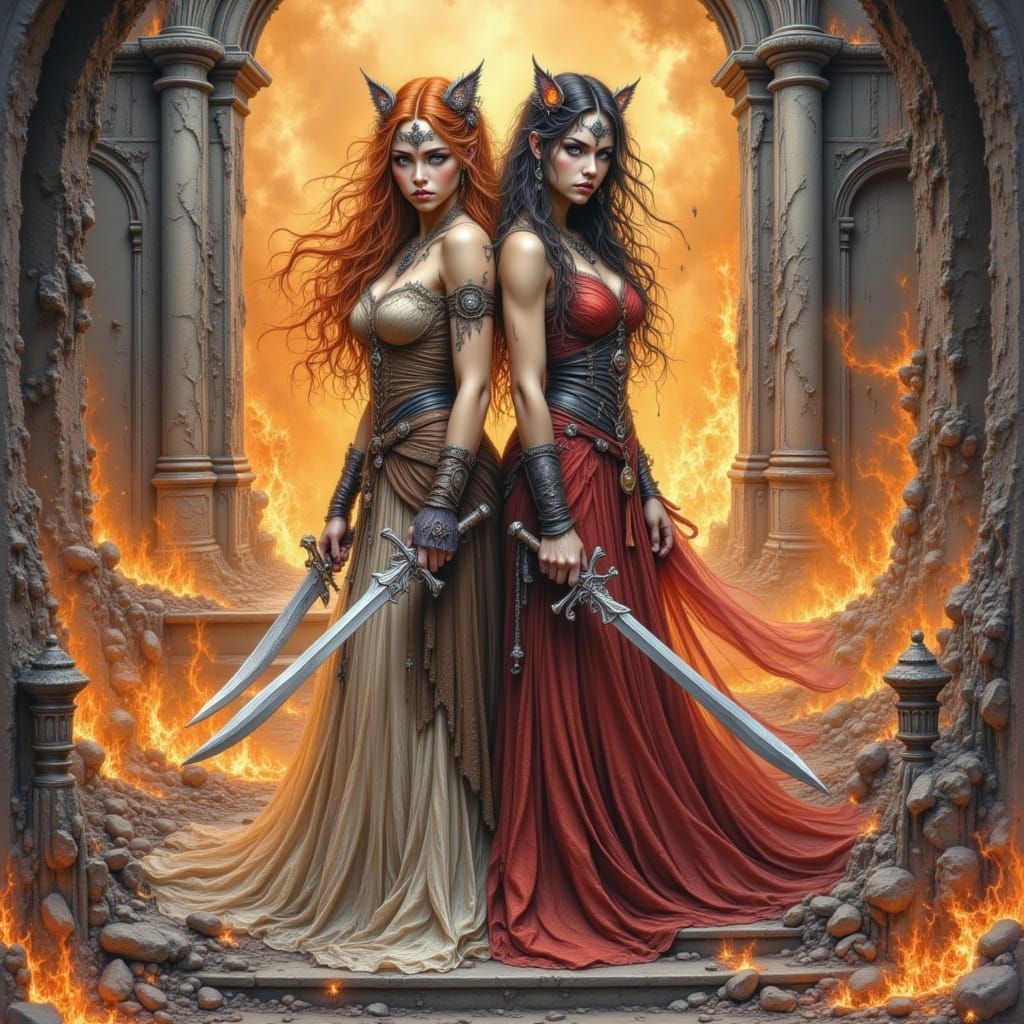 Elara and Seraphine in Burning Courthouse, D&D Style