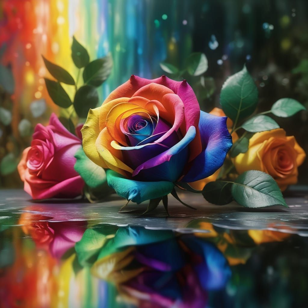Prismatic Rose in Jungle, Surreal Oil Painting