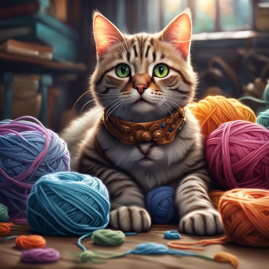 Cute Cat Playing With Yarn: Hyperdetailed Concept Art