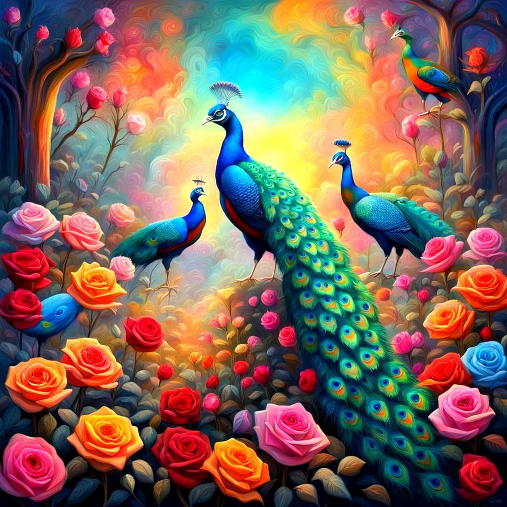Peacock Flock in Alien Rose Garden