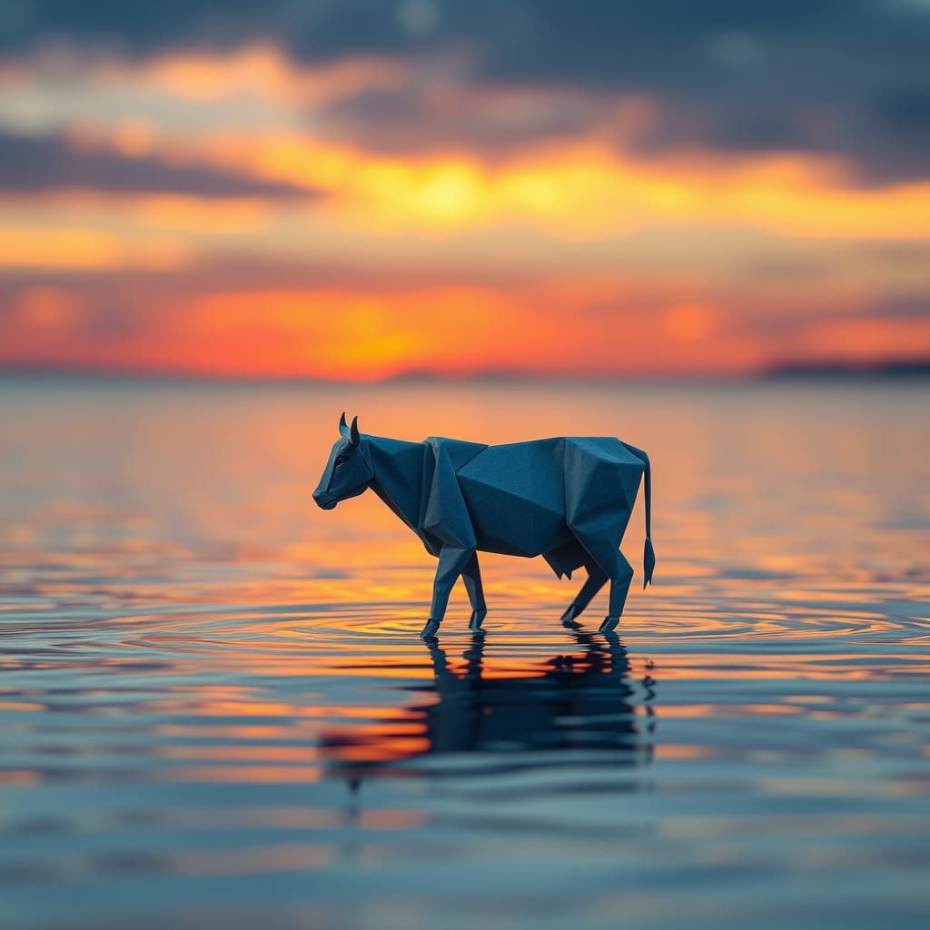 Serene Origami Cow on Calm Water at Sunset
