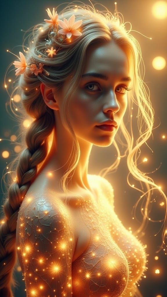 <lora:Fairy Lights:1.0> A mesmerizing double exposure masterpiece featuring a glowing silhouette of a woman with long fl...