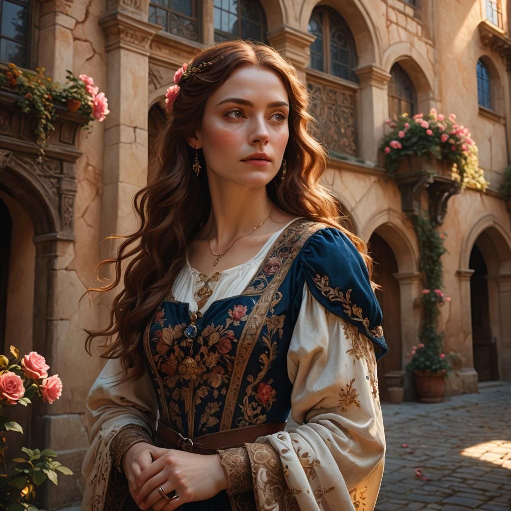 Renaissance Woman in Courtyard: Digital Matte Painting