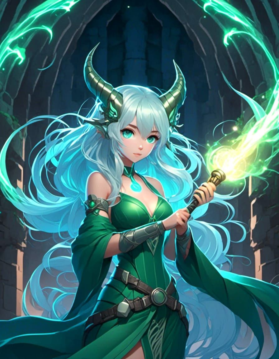Kawaii anime female horned dragon mage, platinum wavy hair, blue eyes, all green flowing mage dress. Holding wizard staf...