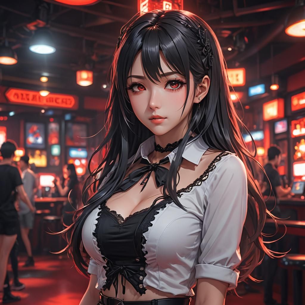 Hyperrealistic Anime Girl in Nightclub, 3D Art