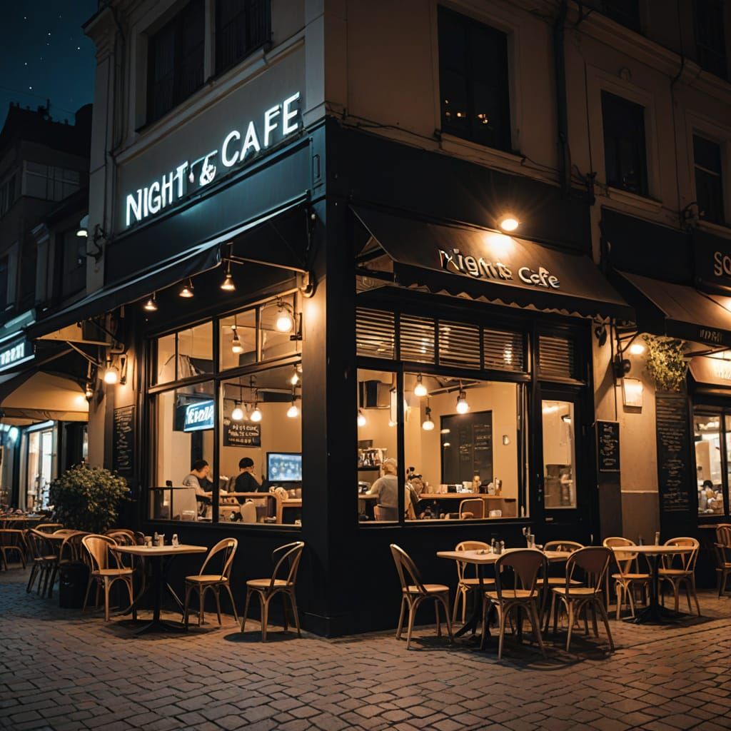 A Cozy Nighttime Scene of a Bustling Cafe