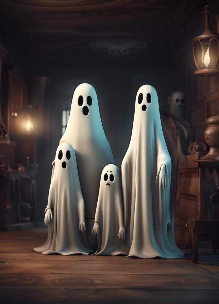 Cartoon Ghost Family in Haunted House