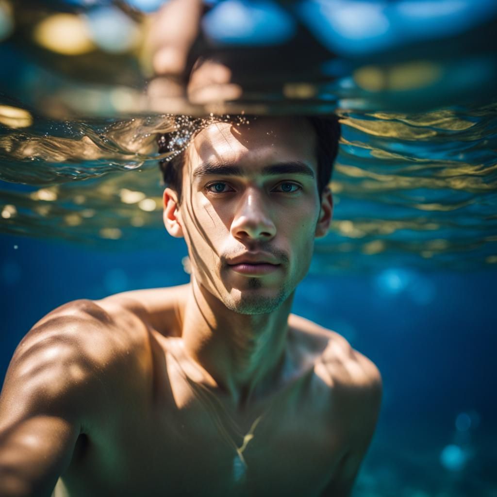 Underwater Portrait of Young Man in Tropical Sea