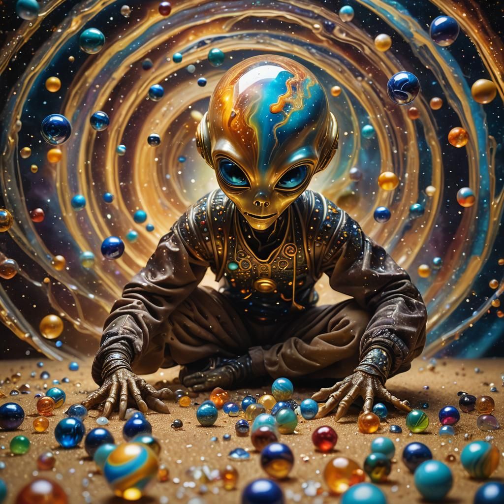 Alien Child's Galaxy Marble Game: Surreal Macro Shot