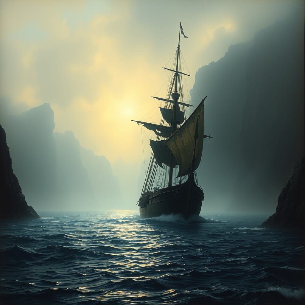 Pirate Ship in Fog, Rembrandt-Inspired Maritime Art