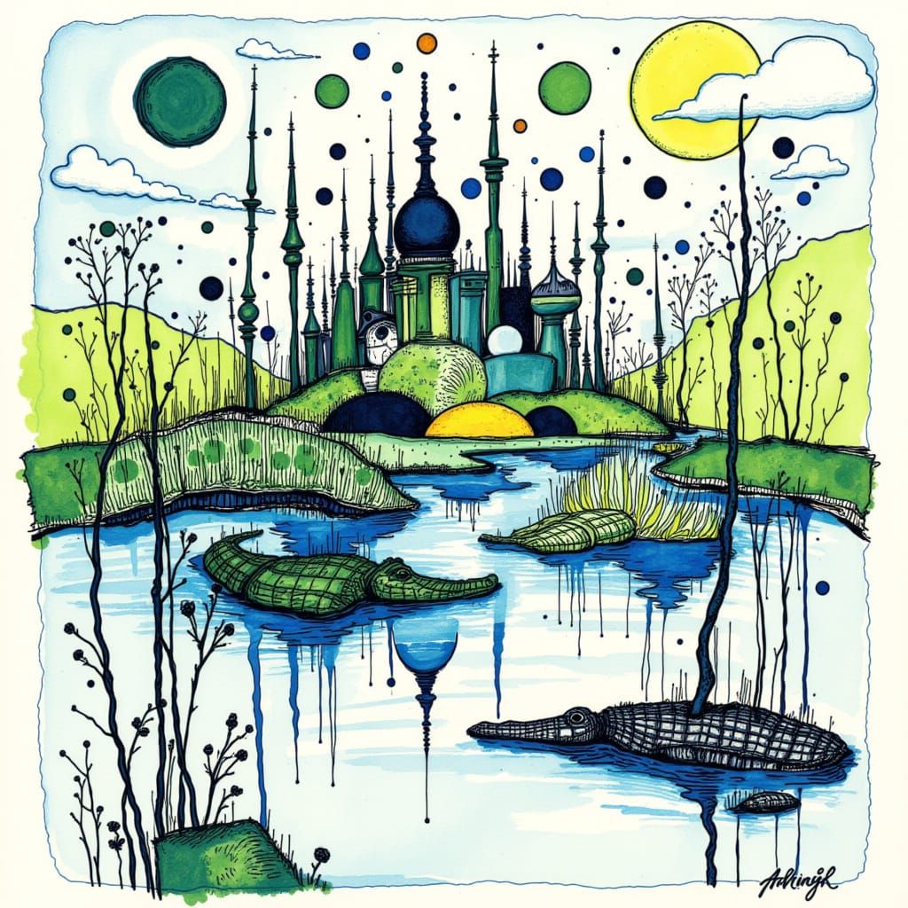 Blueberry Ink Alligator in Swamp Illustration