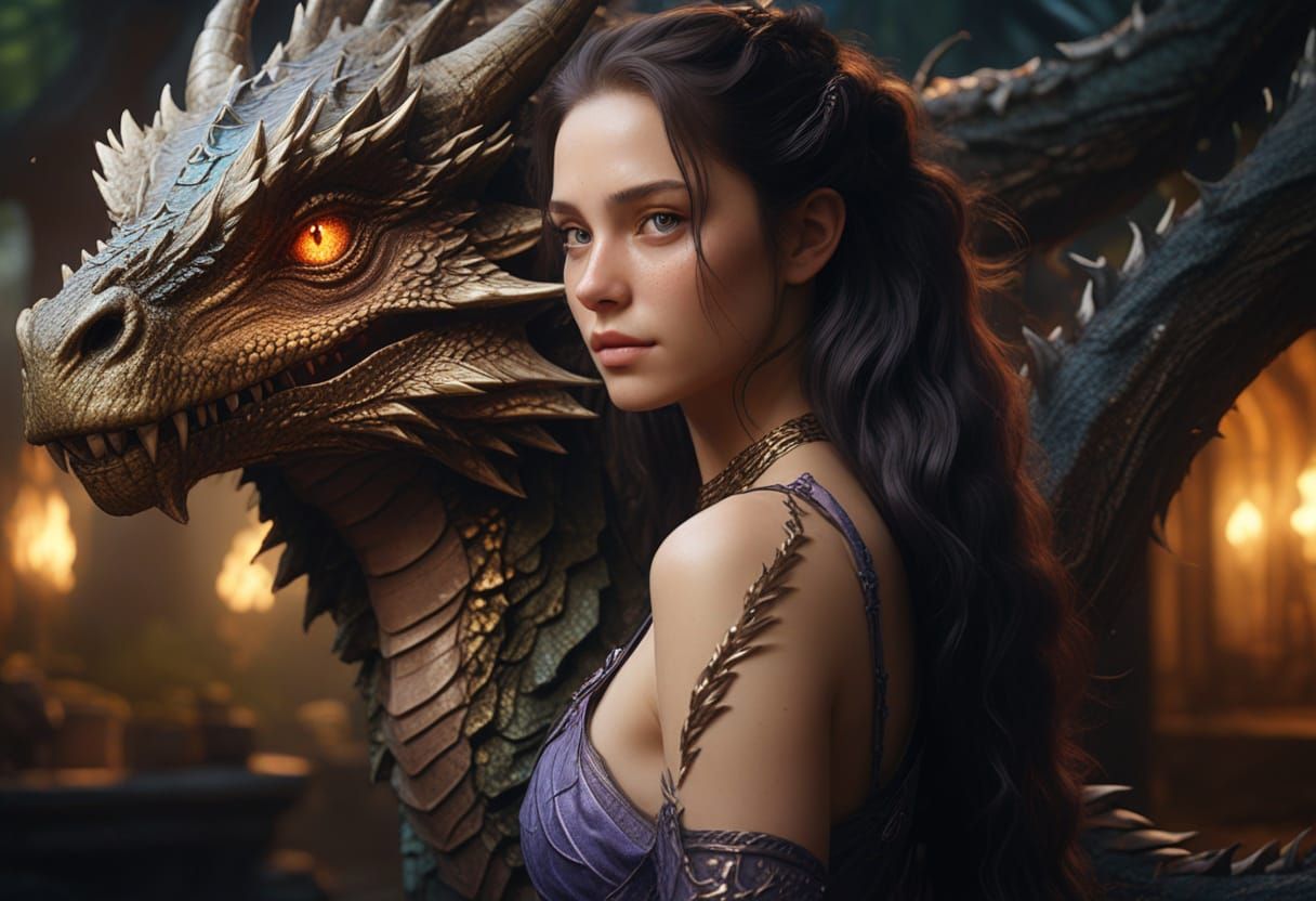 Young Woman Rides Majestic Dragon in Ancient Forest