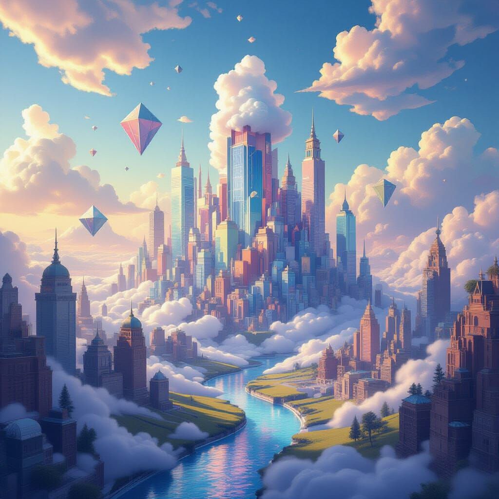 Surreal Cloud Cityscape with Geometric Structures and Upward...