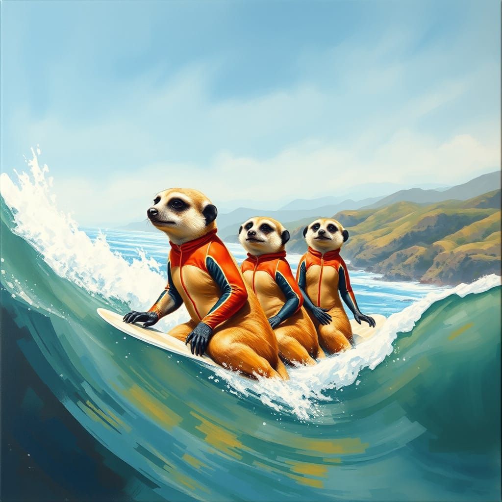 Meerkats Surfing Big Sur in Gouache Style
