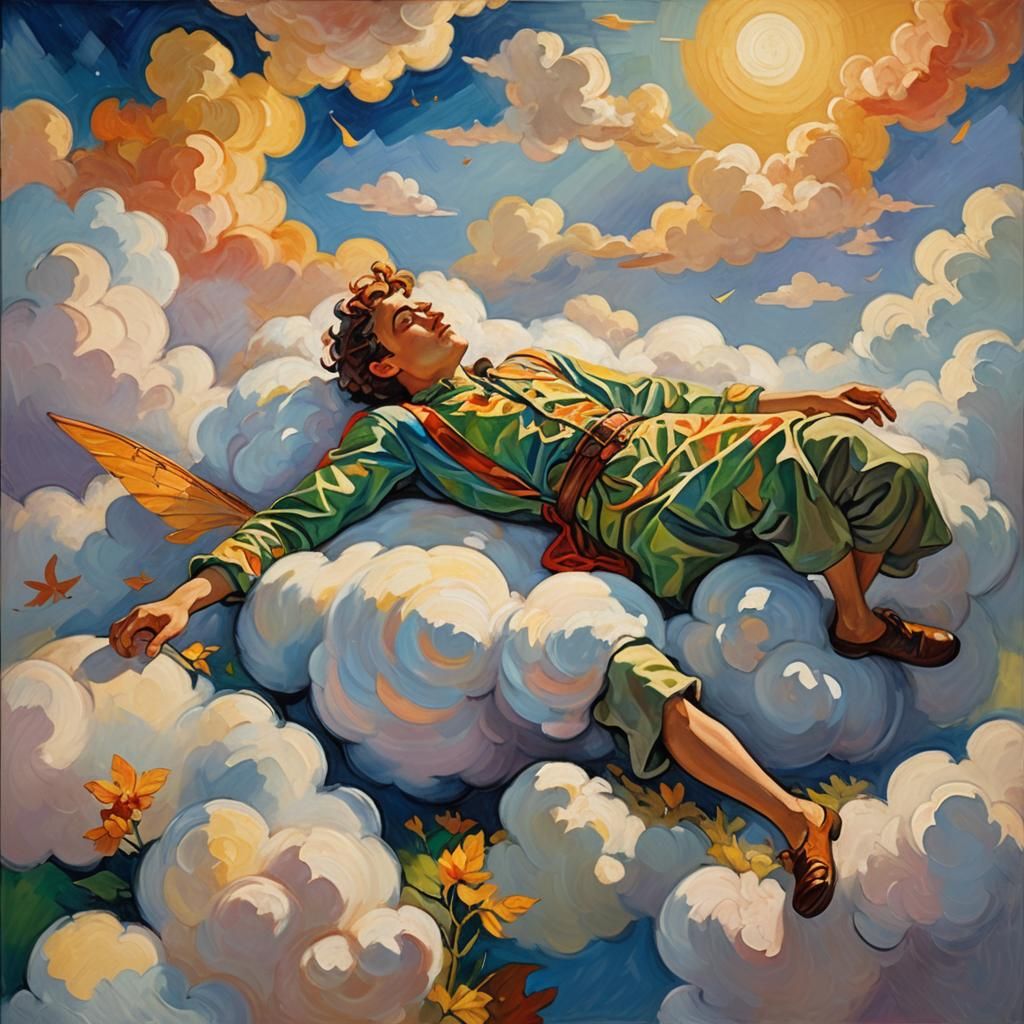 Sleepy Fairy on a Cloud in Fauvist Style