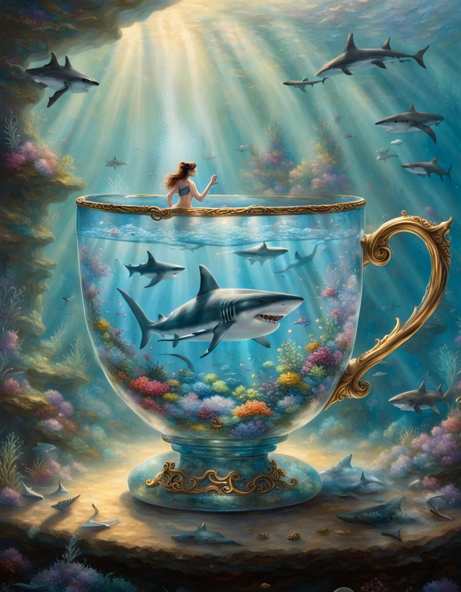 Crystal Teacup with Sharks and Scuba Diver