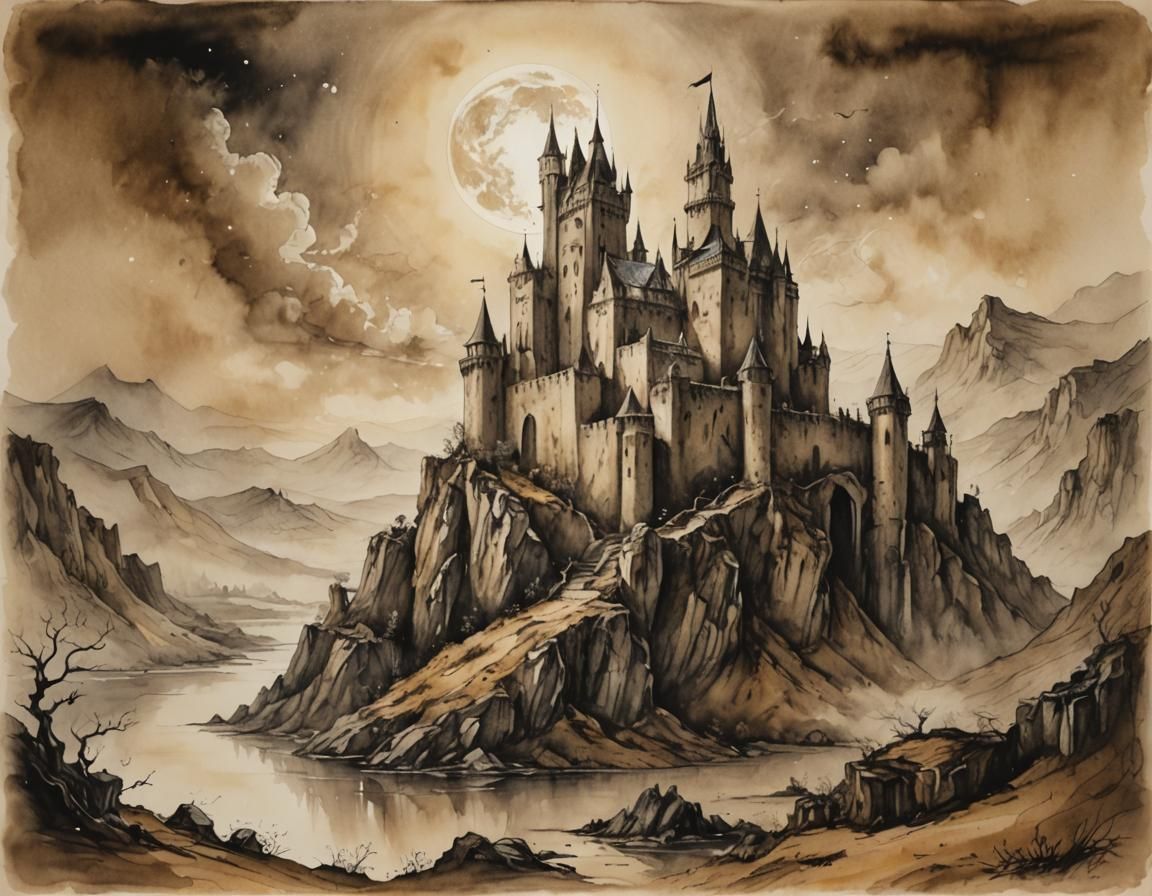 Highland Castle Ruins: Sepia Surrealism in Watercolor